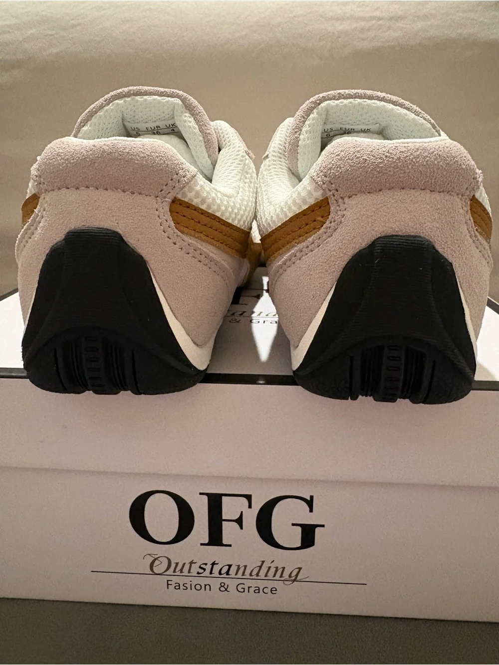 OFG Women’s Casual Mesh and Suede Sneaker in White and Tan - US Size 6
